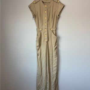 Vintage Khaki Safari Utility Jumpsuit Button Front Wide Leg Women’s XS/S